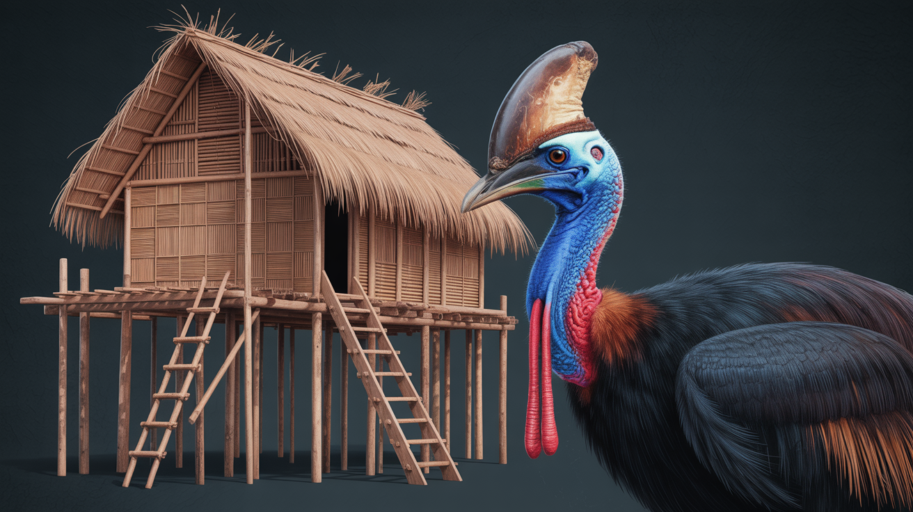 Ilustrasi rumah adat Papua dan cenderawasih